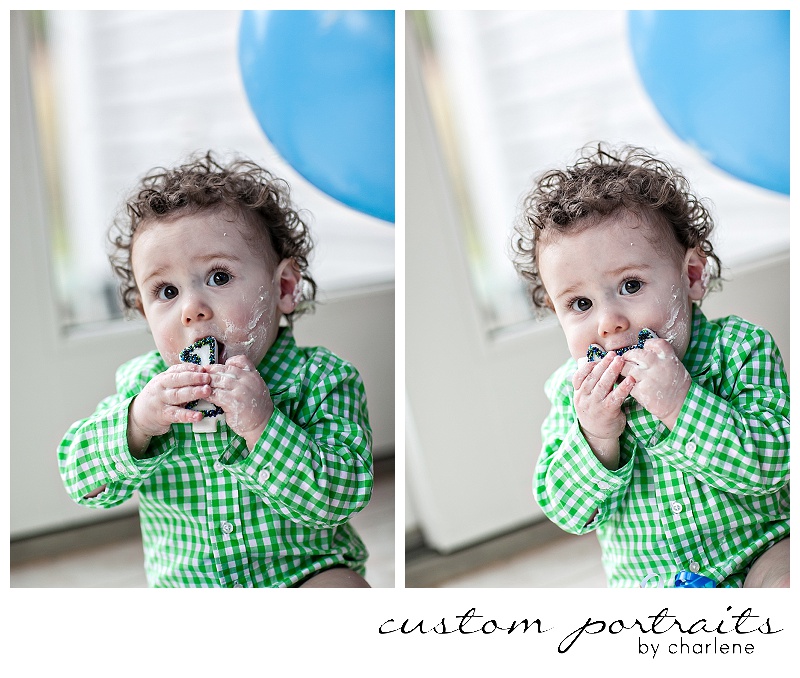 pittsburgh baby photographer first birthday cake smash session hopewell township boy first birthday 1st bday balloons cake gingham green blue (13)