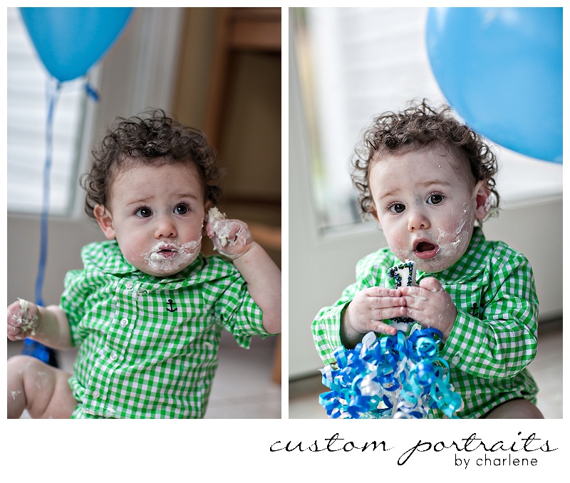 pittsburgh baby photographer first birthday cake smash session hopewell township boy first birthday 1st bday balloons cake gingham green blue (15)