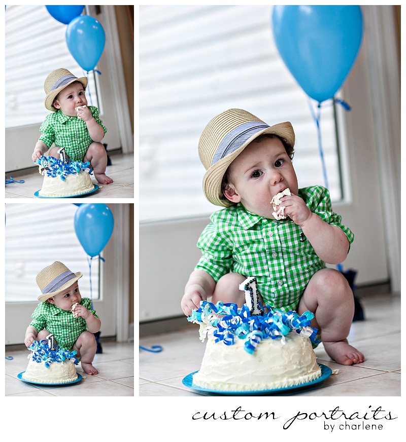 pittsburgh baby photographer first birthday cake smash session hopewell township boy first birthday 1st bday balloons cake gingham green blue (5)