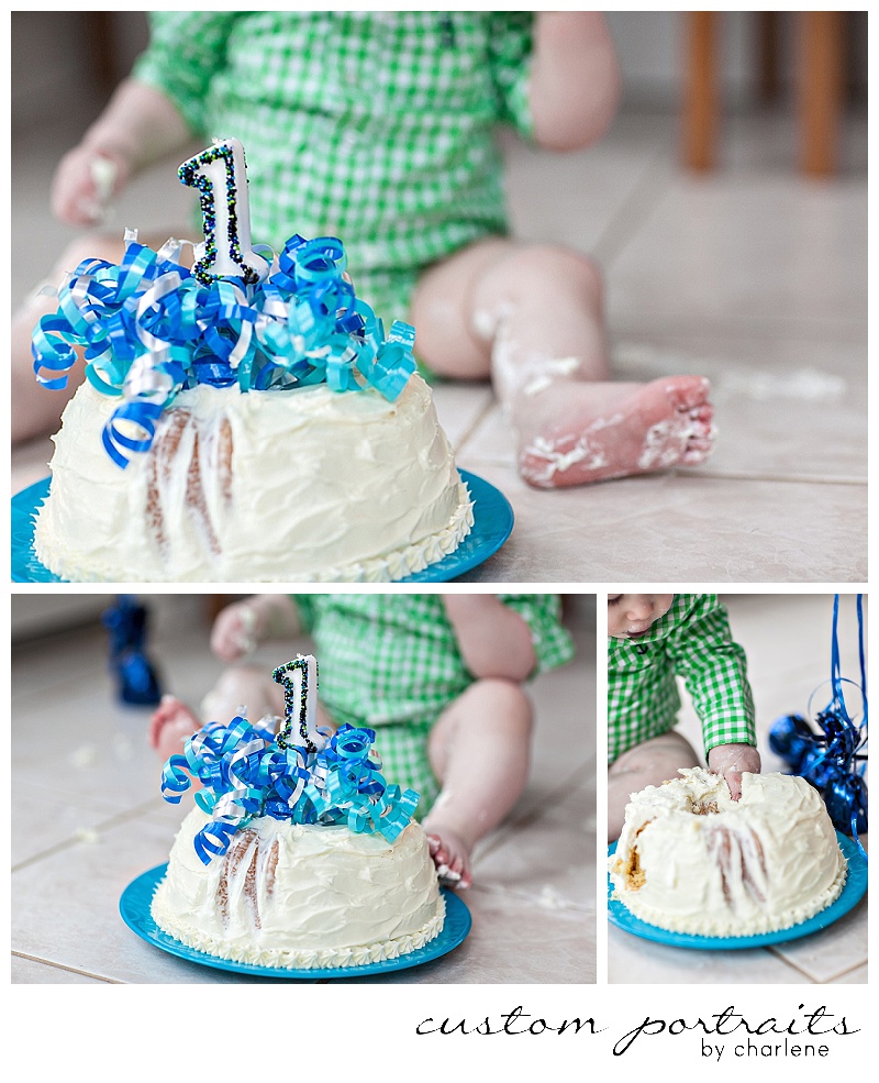 pittsburgh baby photographer first birthday cake smash session hopewell township boy first birthday 1st bday balloons cake gingham green blue (9)